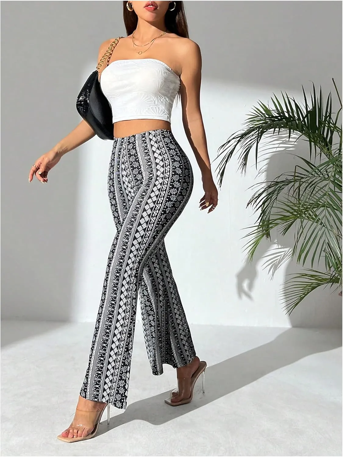WDIRARA Women's Graphic Print High Waist Flared Long Pants Summer Casual Boho Trousers