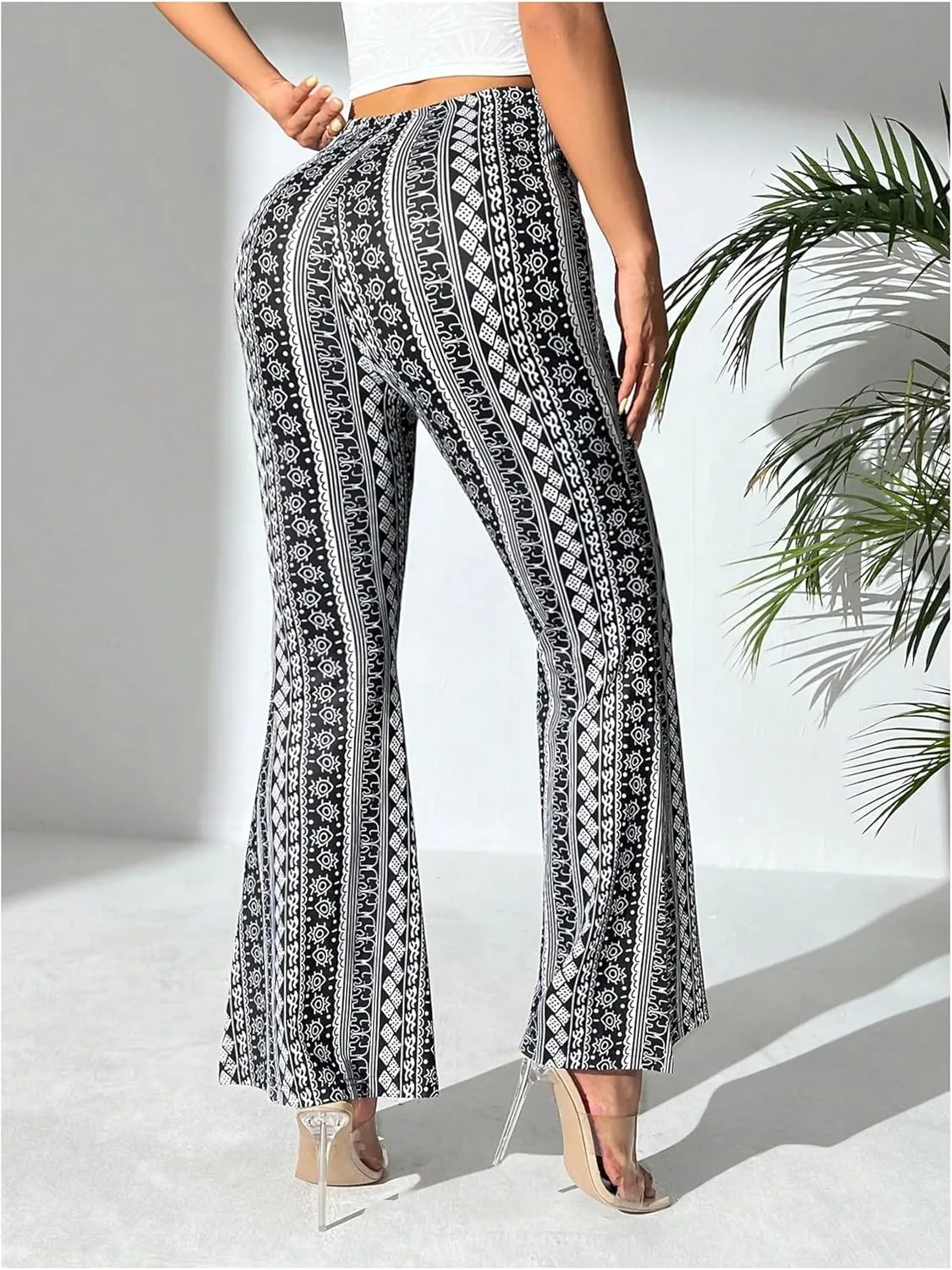 WDIRARA Women's Graphic Print High Waist Flared Long Pants Summer Casual Boho Trousers