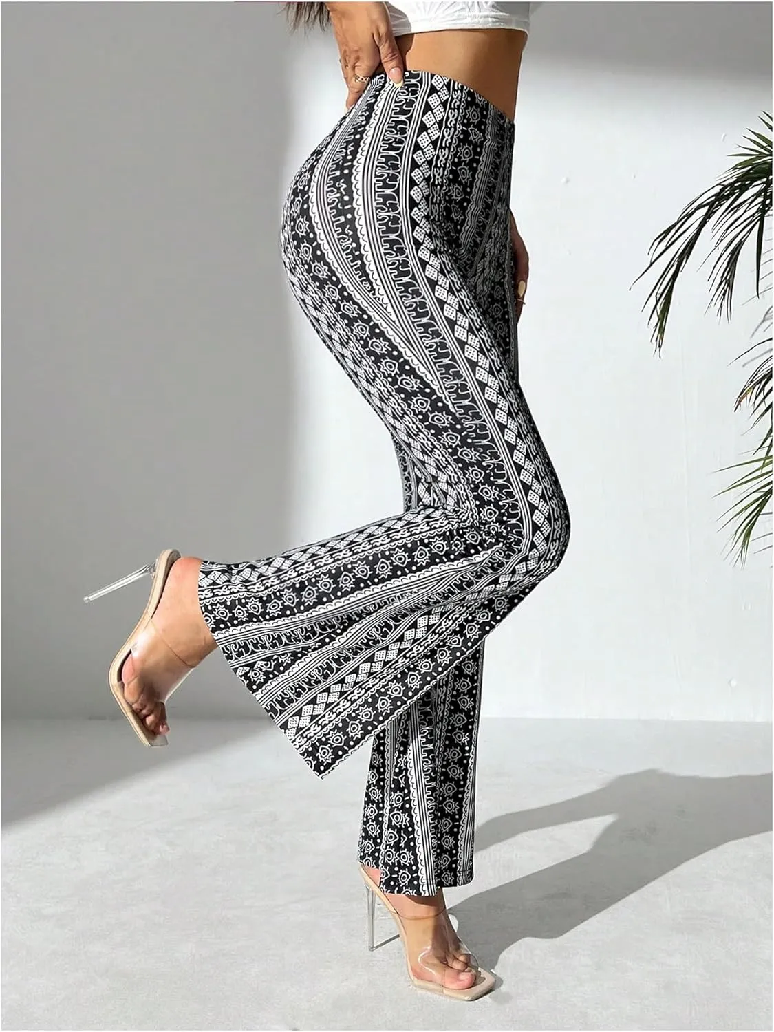 WDIRARA Women's Graphic Print High Waist Flared Long Pants Summer Casual Boho Trousers