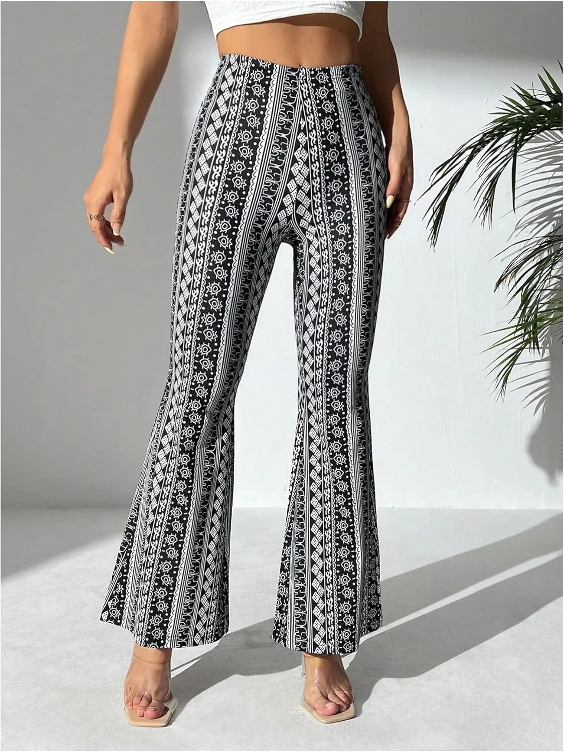 WDIRARA Women's Graphic Print High Waist Flared Long Pants Summer Casual Boho Trousers