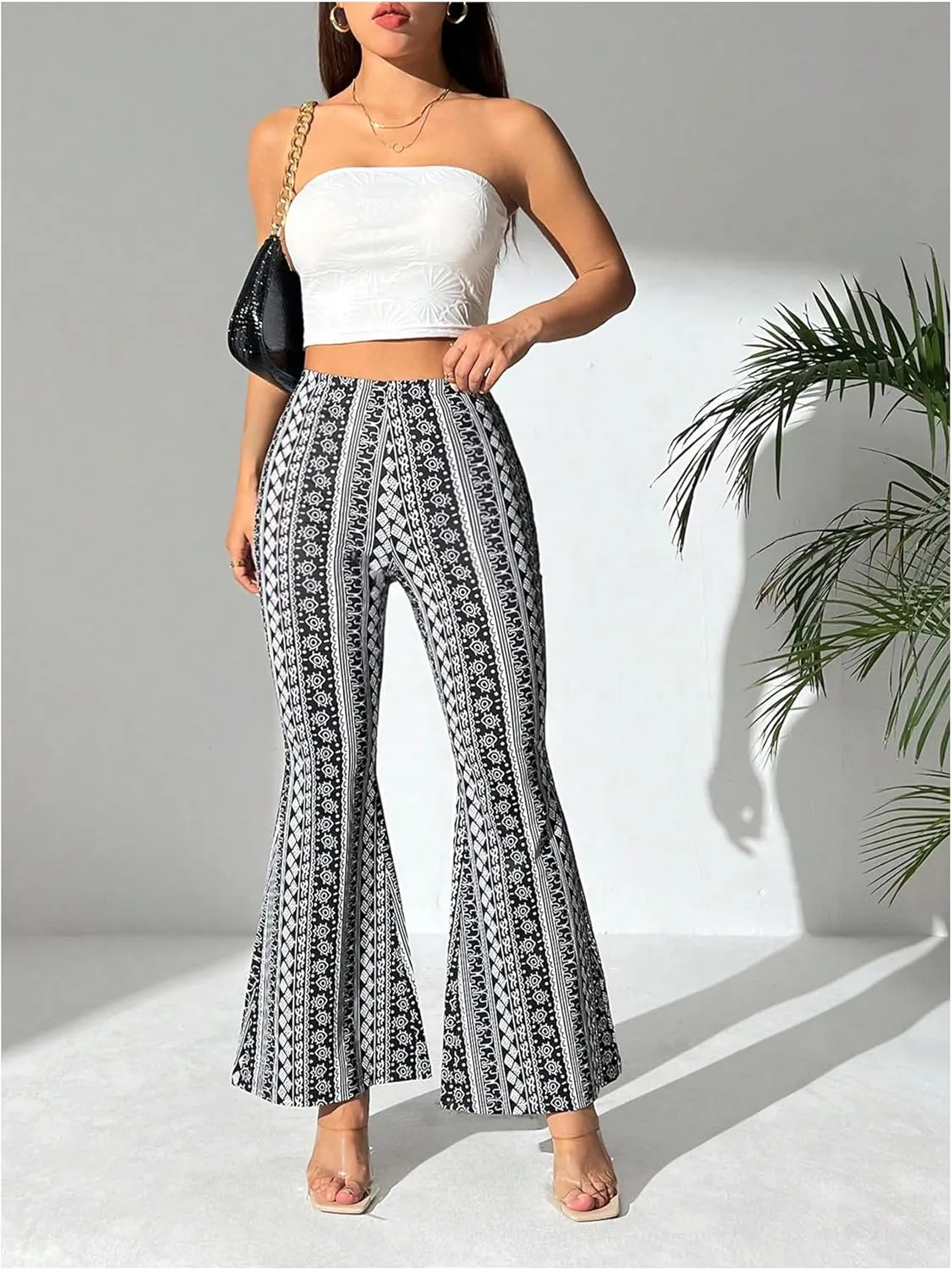 WDIRARA Women's Graphic Print High Waist Flared Long Pants Summer Casual Boho Trousers