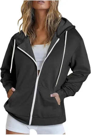 Wirziis Oversized Zip Up Hoodie for Women 2024 Fleece Jacket Fall Outfits Casual Hooded Tops Teen Girls Drawstring Cardigan