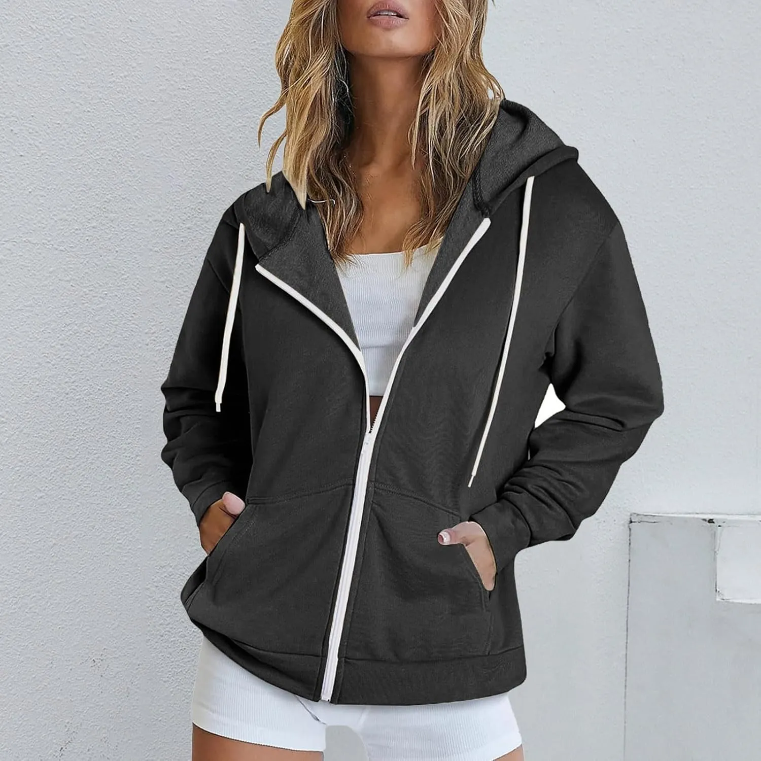 Wirziis Oversized Zip Up Hoodie for Women 2024 Fleece Jacket Fall Outfits Casual Hooded Tops Teen Girls Drawstring Cardigan