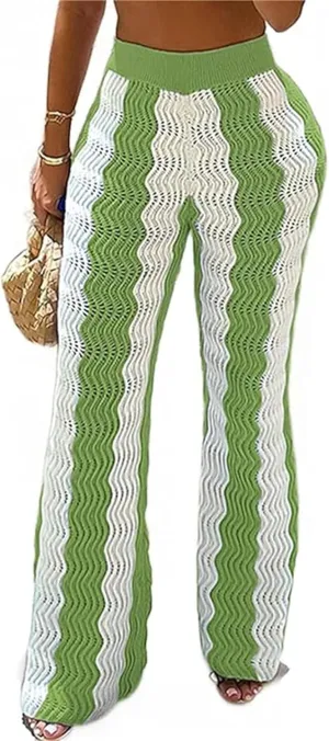 Women Block Stripe Crochet Beach Pants High Waist Hollow Out Pants Knitted Trousers