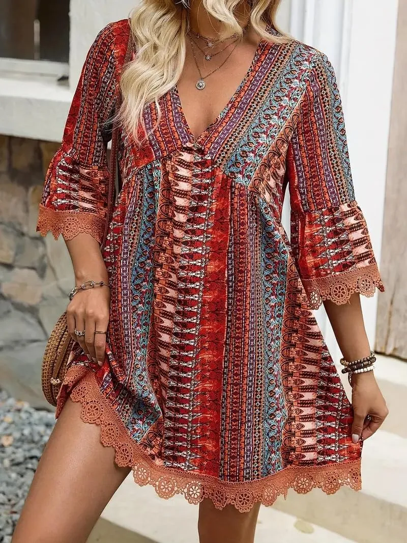 Women Casual Spring Summer Dresses V Neck Half Sleeve Boho Floral Ruffle Flowy Babydoll Mini Short Beach Dress