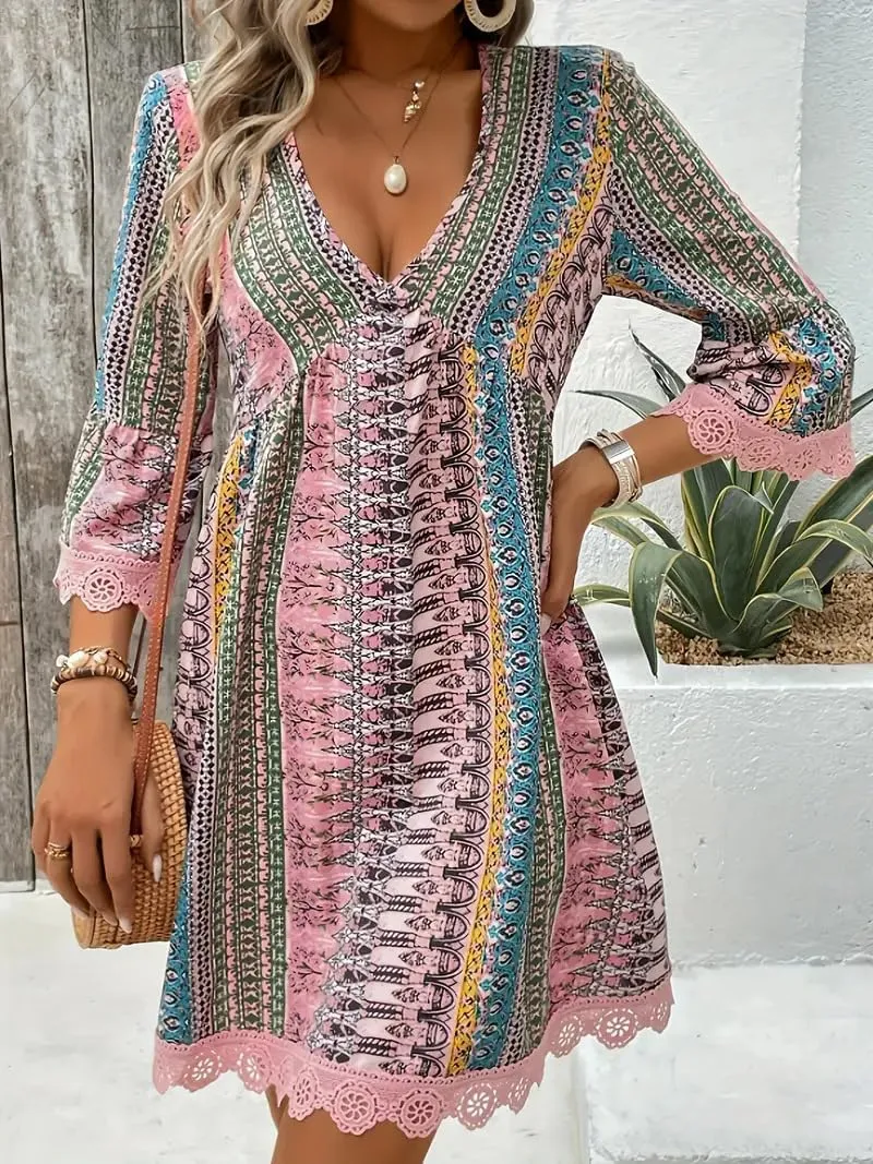 Women Casual Spring Summer Dresses V Neck Half Sleeve Boho Floral Ruffle Flowy Babydoll Mini Short Beach Dress