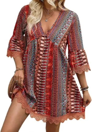 Women Casual Spring Summer Dresses V Neck Half Sleeve Boho Floral Ruffle Flowy Babydoll Mini Short Beach Dress
