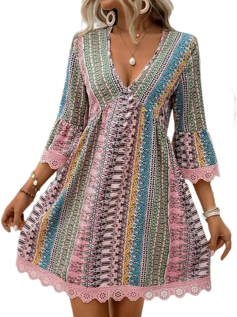 Women Casual Spring Summer Dresses V Neck Half Sleeve Boho Floral Ruffle Flowy Babydoll Mini Short Beach Dress