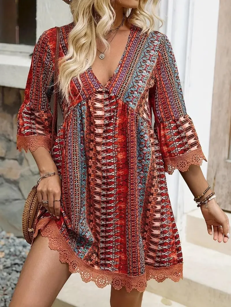 Women Casual Spring Summer Dresses V Neck Half Sleeve Boho Floral Ruffle Flowy Babydoll Mini Short Beach Dress