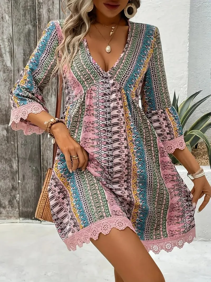 Women Casual Spring Summer Dresses V Neck Half Sleeve Boho Floral Ruffle Flowy Babydoll Mini Short Beach Dress