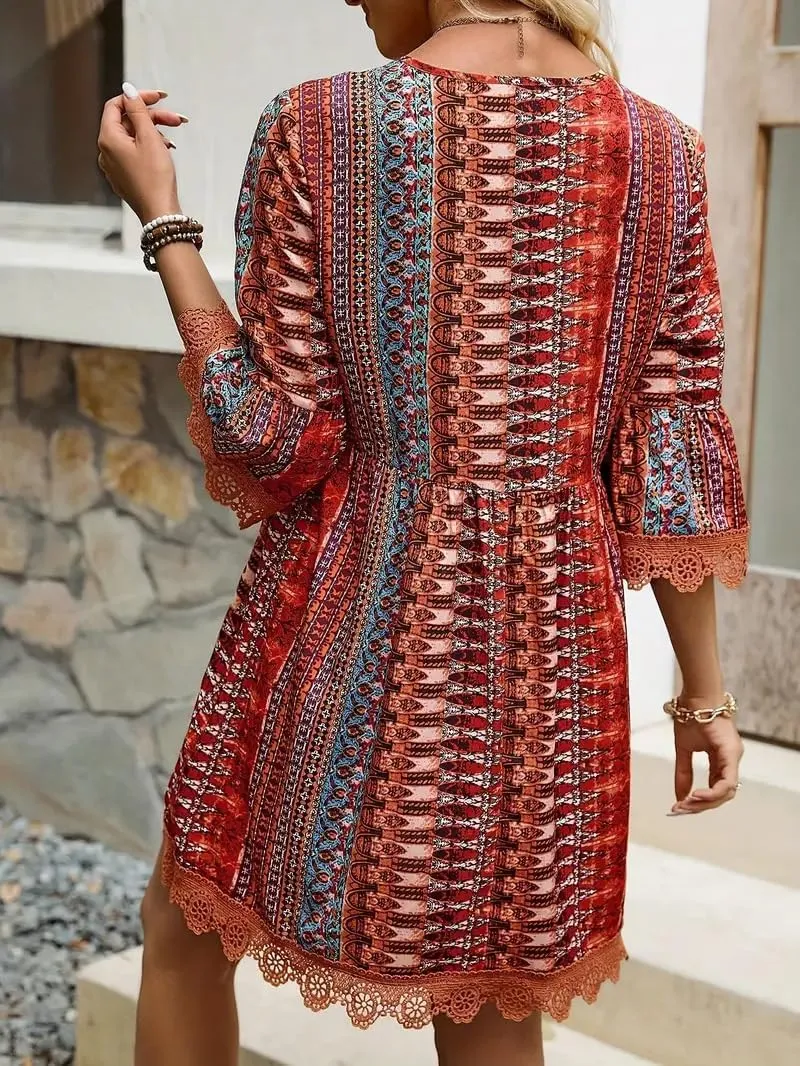 Women Casual Spring Summer Dresses V Neck Half Sleeve Boho Floral Ruffle Flowy Babydoll Mini Short Beach Dress