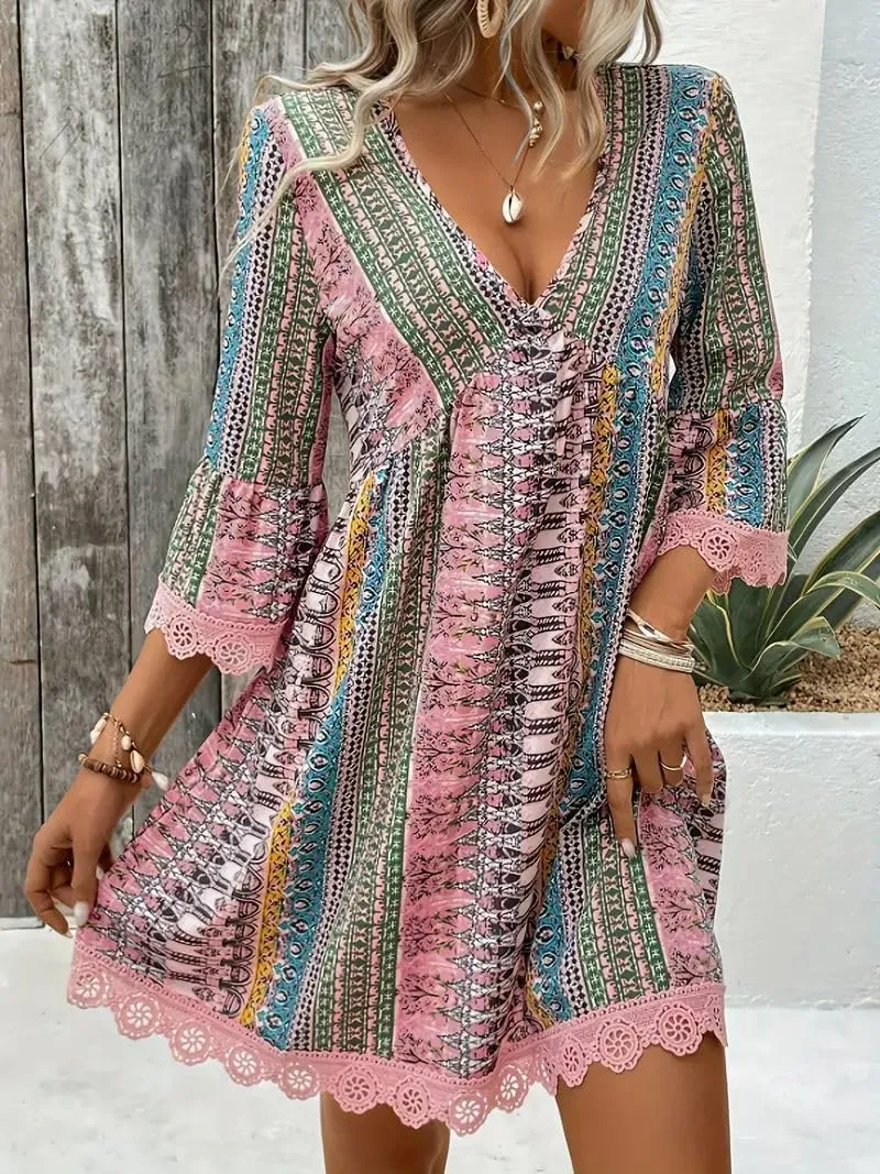 Women Casual Spring Summer Dresses V Neck Half Sleeve Boho Floral Ruffle Flowy Babydoll Mini Short Beach Dress