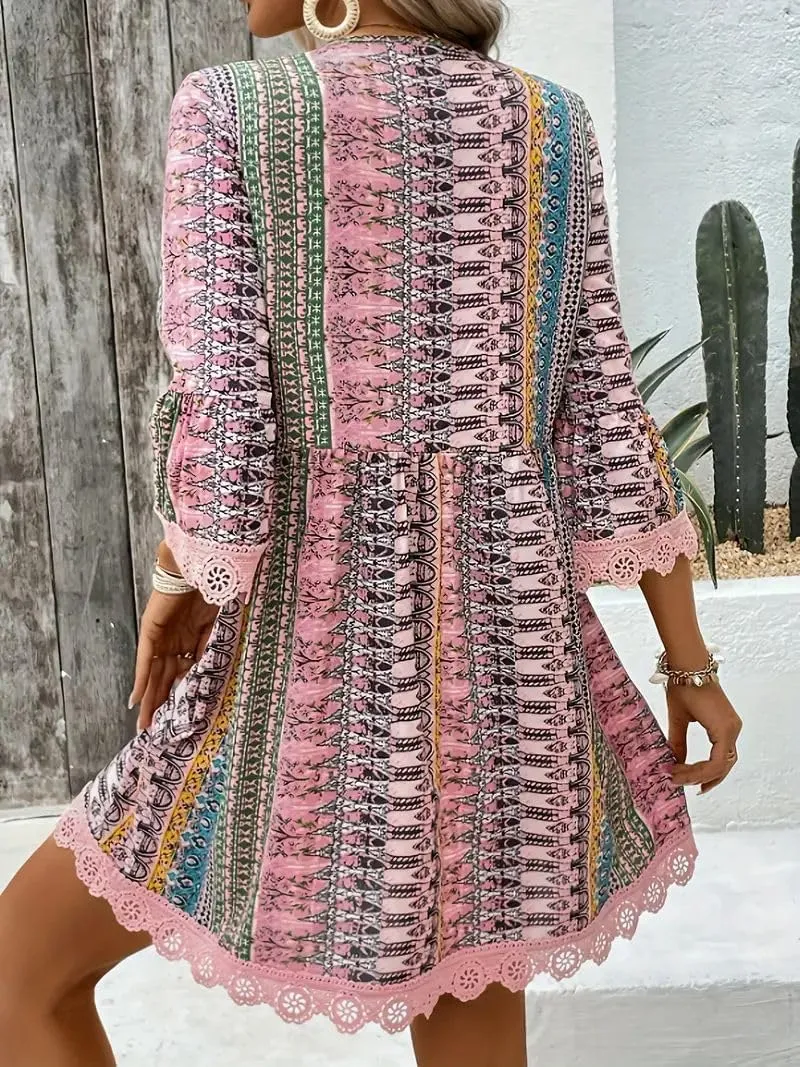 Women Casual Spring Summer Dresses V Neck Half Sleeve Boho Floral Ruffle Flowy Babydoll Mini Short Beach Dress