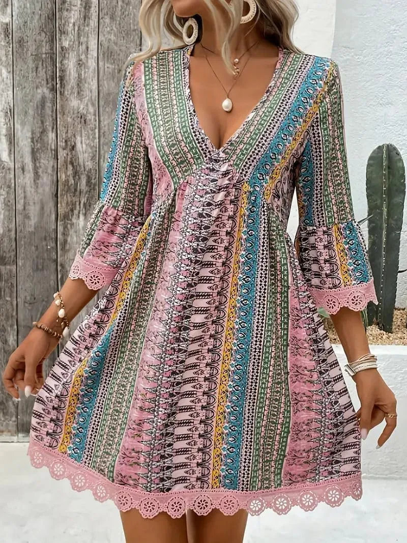 Women Casual Spring Summer Dresses V Neck Half Sleeve Boho Floral Ruffle Flowy Babydoll Mini Short Beach Dress