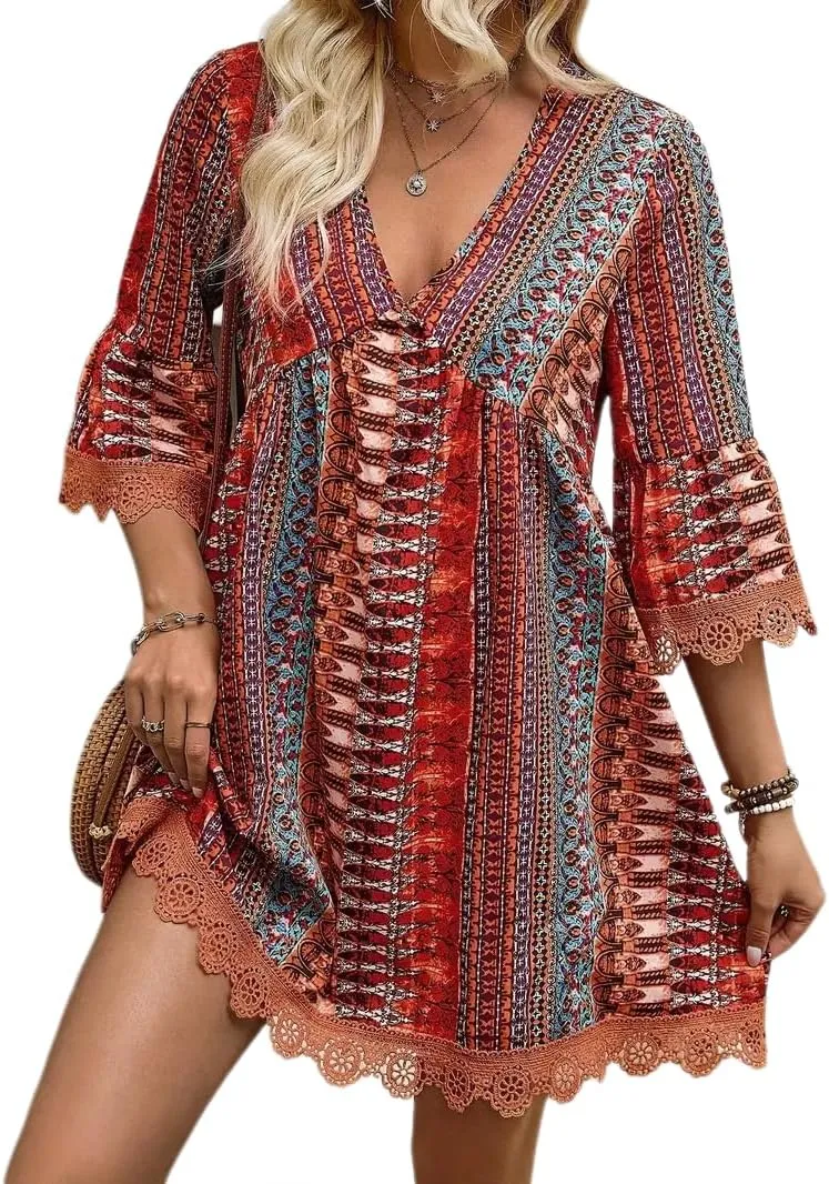 Women Casual Spring Summer Dresses V Neck Half Sleeve Boho Floral Ruffle Flowy Babydoll Mini Short Beach Dress