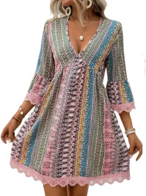 Women Casual Spring Summer Dresses V Neck Half Sleeve Boho Floral Ruffle Flowy Babydoll Mini Short Beach Dress