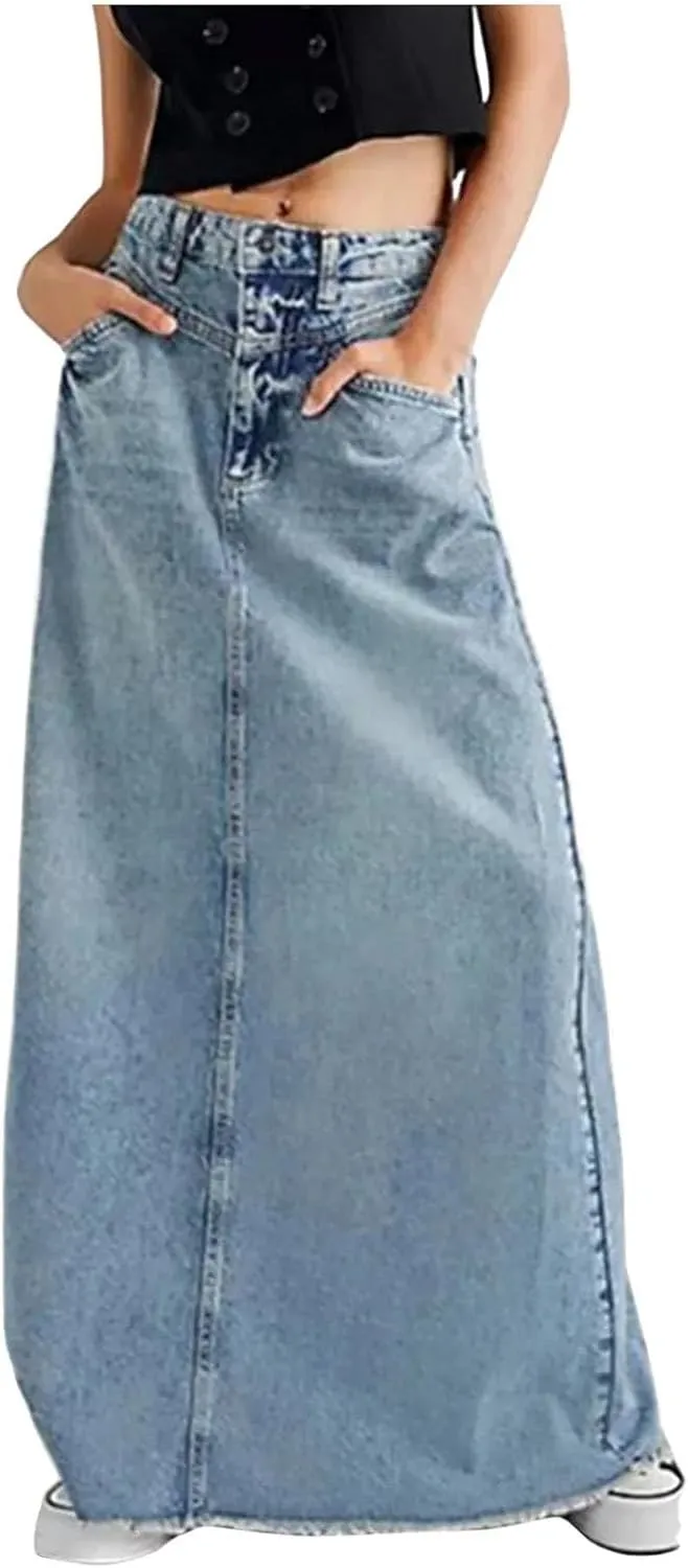Women Floor Length Skirt Washed Distressed Denim Skirt Bodycon High Waisted Raw Edge Long Skirt