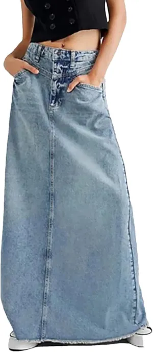 Women Floor Length Skirt Washed Distressed Denim Skirt Bodycon High Waisted Raw Edge Long Skirt