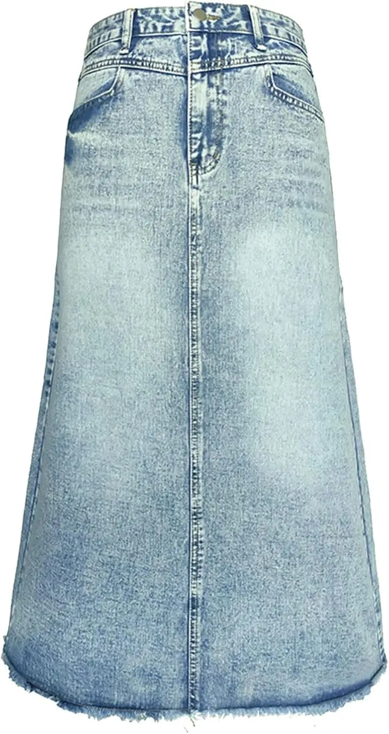 Women Floor Length Skirt Washed Distressed Denim Skirt Bodycon High Waisted Raw Edge Long Skirt
