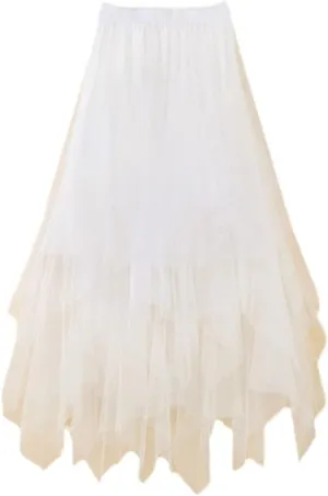 Women Irregular Tulle Skirts Elastic High Waist Mesh Skirt Pleated Long Skirts Midi Skirt