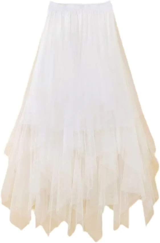 Women Irregular Tulle Skirts Elastic High Waist Mesh Skirt Pleated Long Skirts Midi Skirt