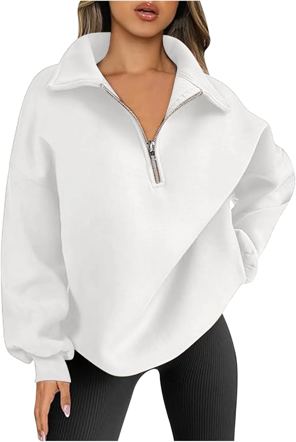 Women Oversized Half Zip Sweatshirt Drop Shoulder Long Sleeves Collar Quarter 1/4 Zipper Pullover Fashion Fall Tops