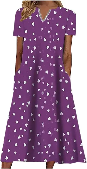 Women Plus Size Short Sleeve Notch V Neck Dress Trendy Heart Print Midi Dresses with Pockets Loose Swing Casual Dress Purple