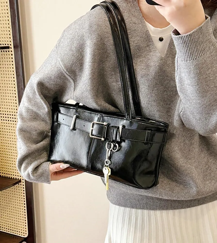 Women PU Leather Underarm Purse Y2K Hobo Clutch Small Trendy Shoulder Bag Solid Tote Handbag