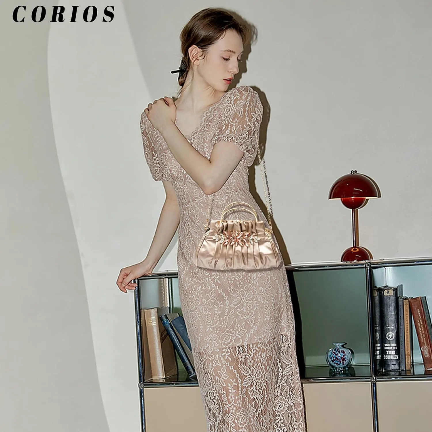 Women Rhinestone Evening Bag Pleated Clutch Bag Bridal Wedding Purse Glitter Crystal Shoulder Bag PU Leather Handbag