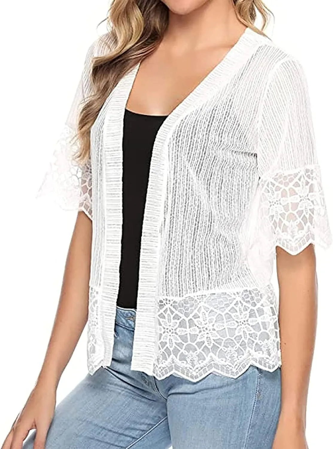 Women Solid Color Lace Cardigan Open Front Shrug Hollow Patchwork Sheer Short Sleeve Bolero Cover-Up Blouse Tops