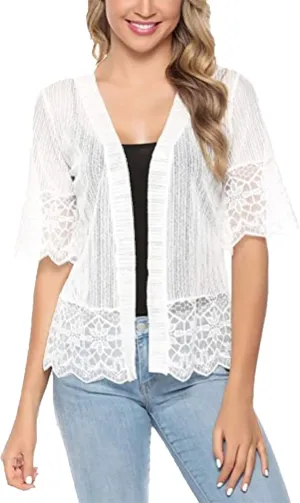 Women Solid Color Lace Cardigan Open Front Shrug Hollow Patchwork Sheer Short Sleeve Bolero Cover-Up Blouse Tops