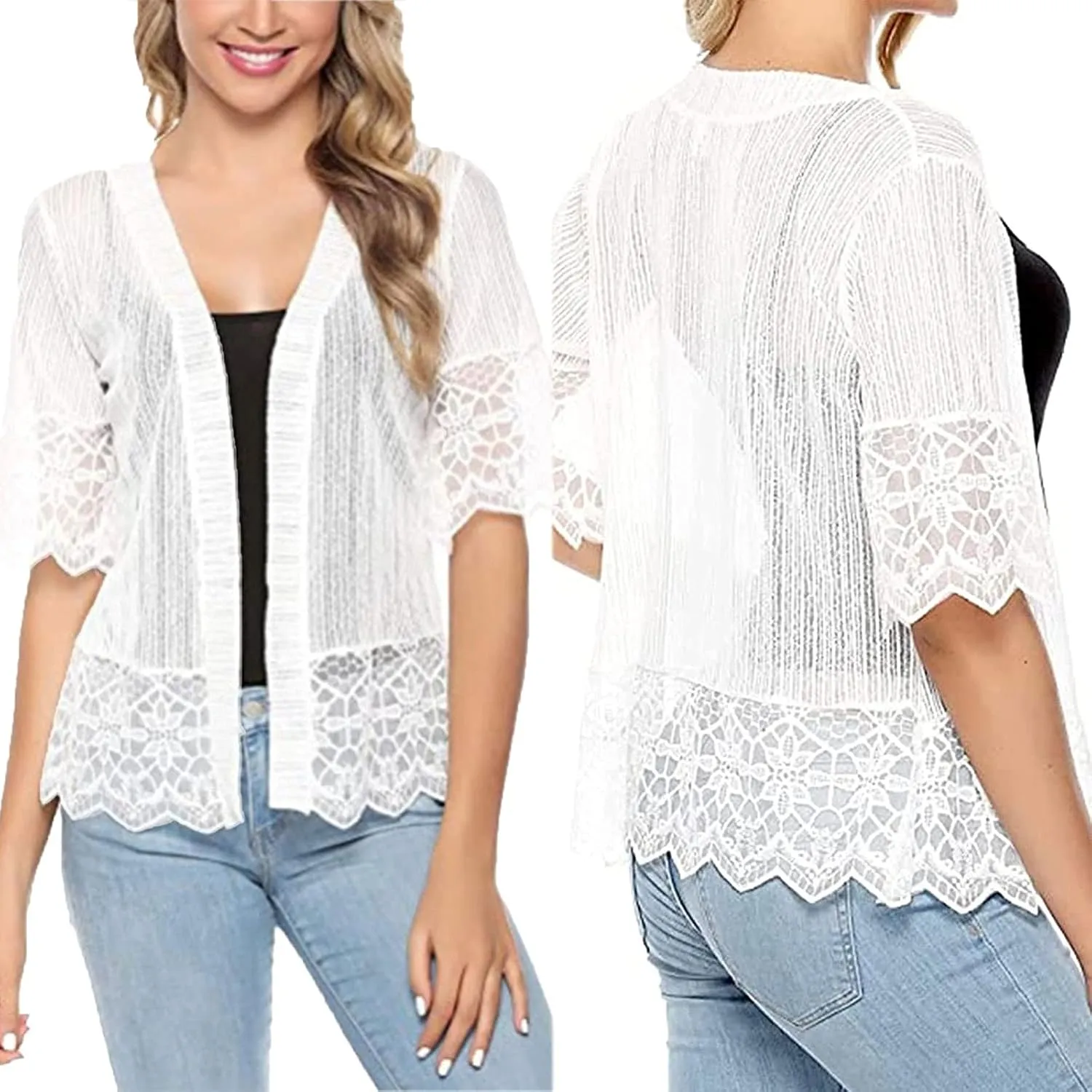 Women Solid Color Lace Cardigan Open Front Shrug Hollow Patchwork Sheer Short Sleeve Bolero Cover-Up Blouse Tops