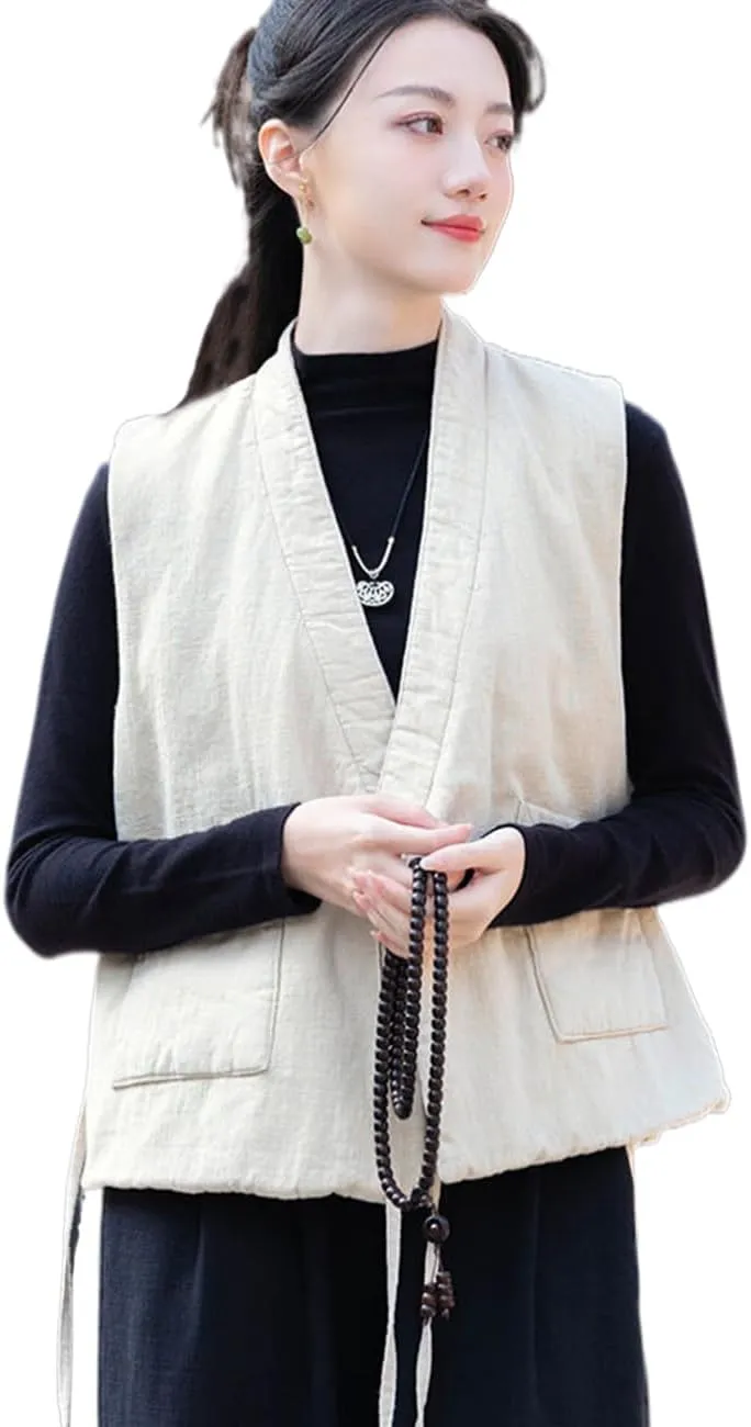 Women Vintage Cotton Linen Vest Lace-up Warm Cotton Padded Sleeveless Jacket Quilted Gilet with Pockets