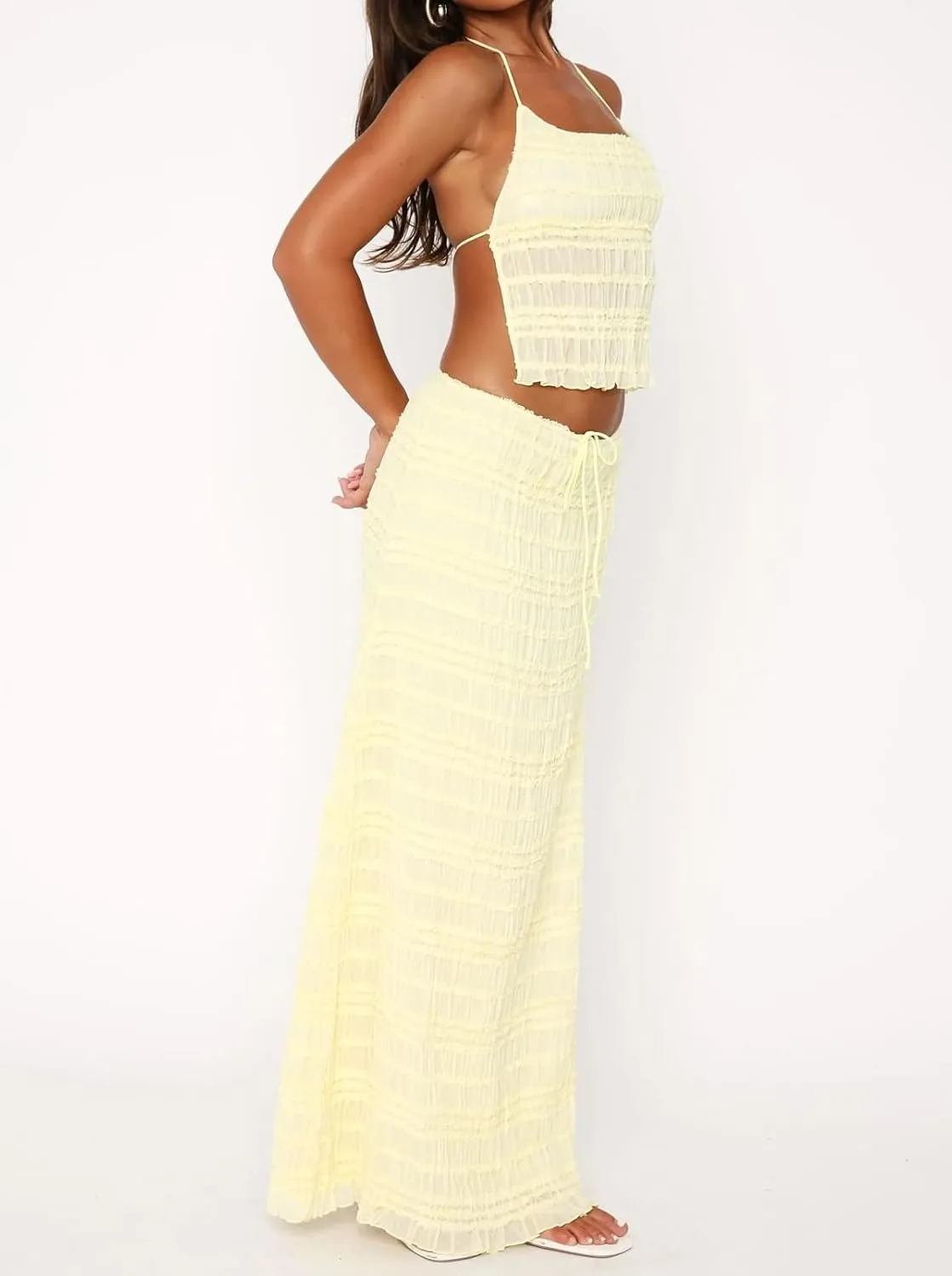 Women Y2k 2 Piece Skirt Sets Tie Front Cami Top and Ruffle Flowy Maxi Skirt Set Vacation Beachwear Outfits