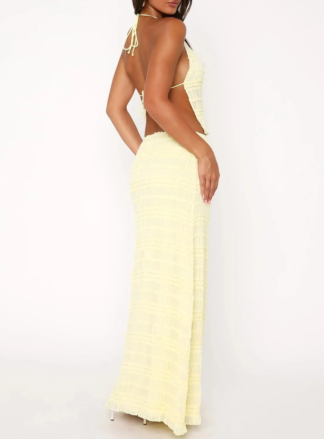 Women Y2k 2 Piece Skirt Sets Tie Front Cami Top and Ruffle Flowy Maxi Skirt Set Vacation Beachwear Outfits