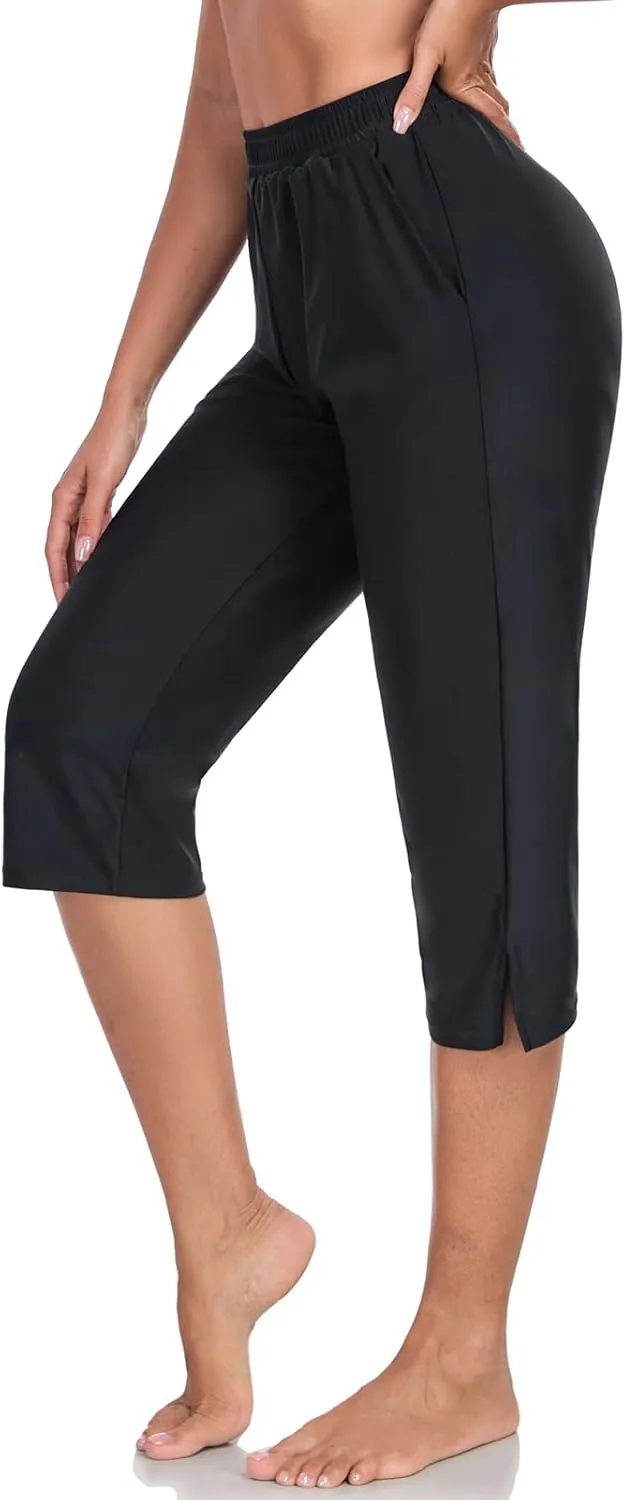 Women's 18'' High Waisted Swim Capris Pants Quick Dry Beach Pants Long Bathing Suit Bottoms with Pockets