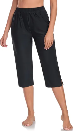 Women's 18'' High Waisted Swim Capris Pants Quick Dry Beach Pants Long Bathing Suit Bottoms with Pockets