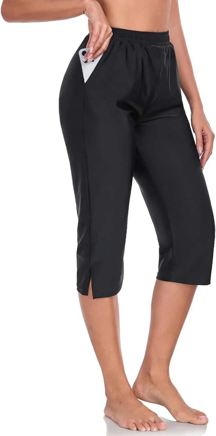 Women's 18'' High Waisted Swim Capris Pants Quick Dry Beach Pants Long Bathing Suit Bottoms with Pockets
