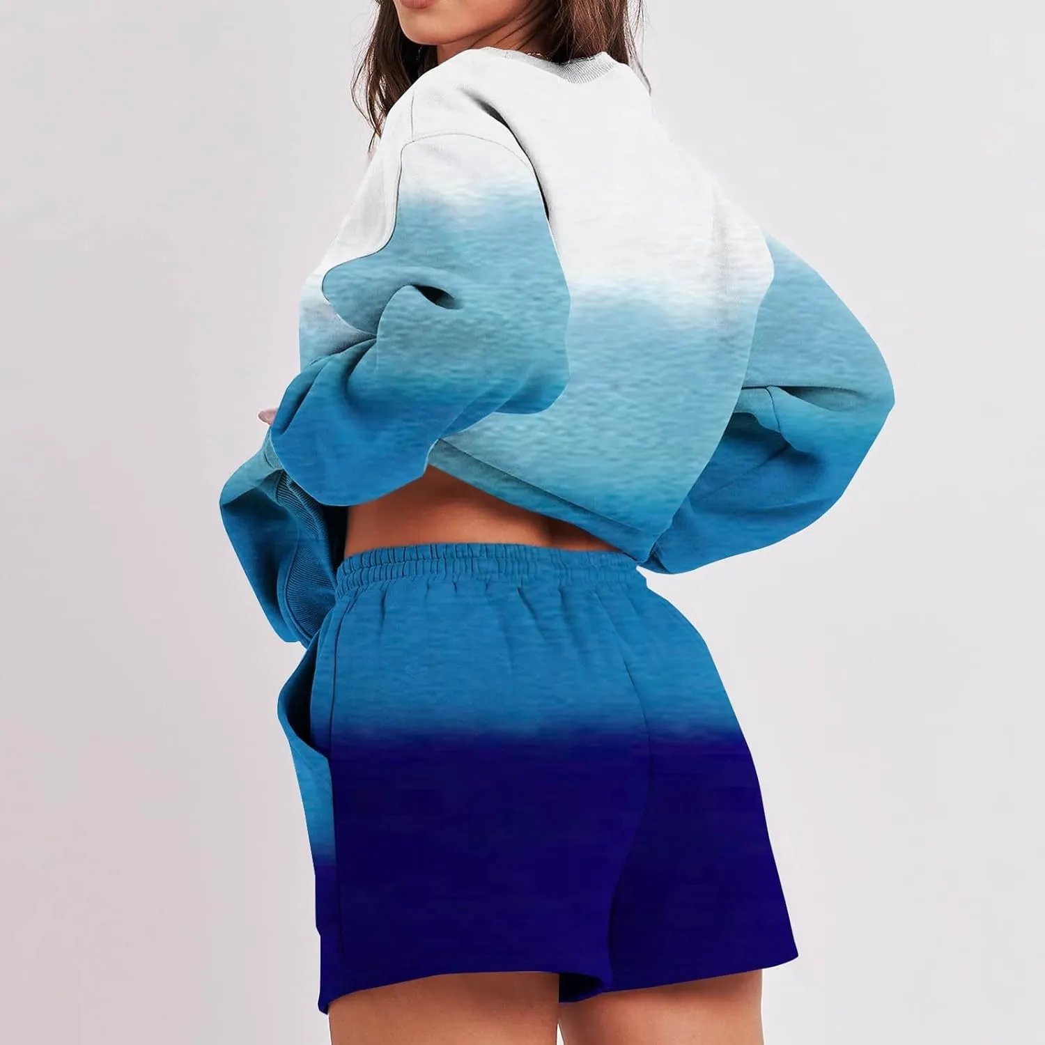 Womens 2 Piece Sweatsuit Sets Gradient Long Sleeve Sweatshirt Matching Lounge Sets Short Pants Set Loungewear