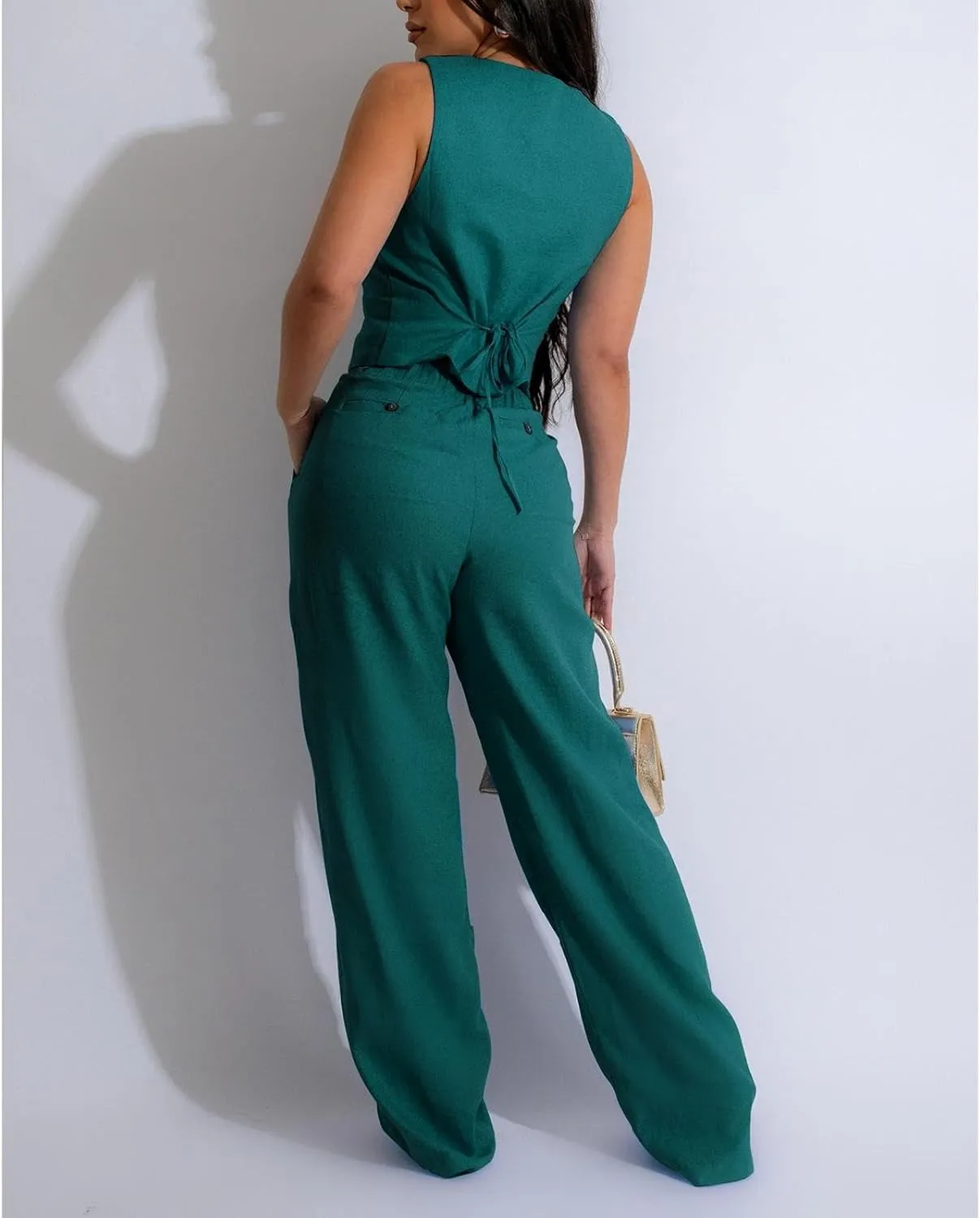 Womens Blazer Sets 2 Piece Outfits Linen Set V Neck Button Suit Vest Tops Wide Leg Pants with Pockets