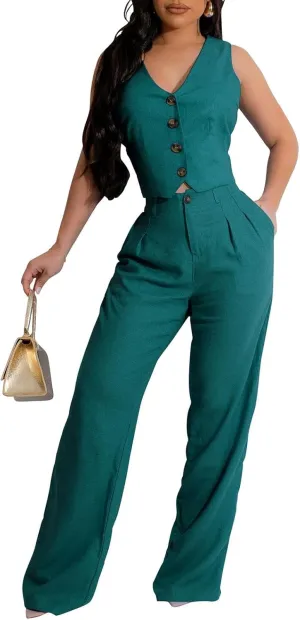Womens Blazer Sets 2 Piece Outfits Linen Set V Neck Button Suit Vest Tops Wide Leg Pants with Pockets