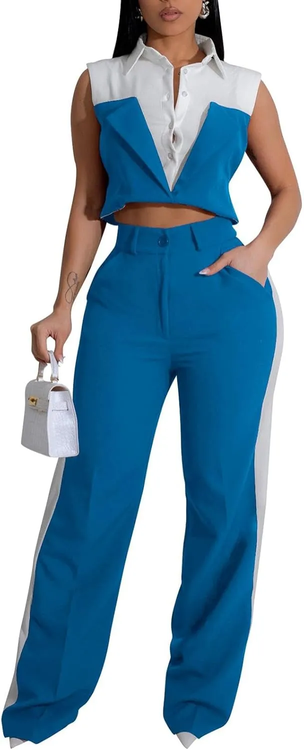 Womens Blazer Sets 2 Piece Outfits Linen Set V Neck Button Suit Vest Tops Wide Leg Pants with Pockets