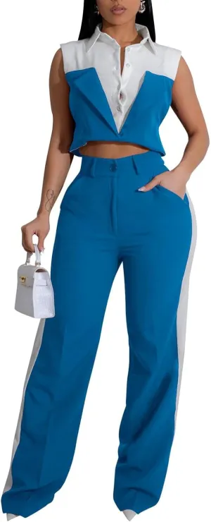 Womens Blazer Sets 2 Piece Outfits Linen Set V Neck Button Suit Vest Tops Wide Leg Pants with Pockets