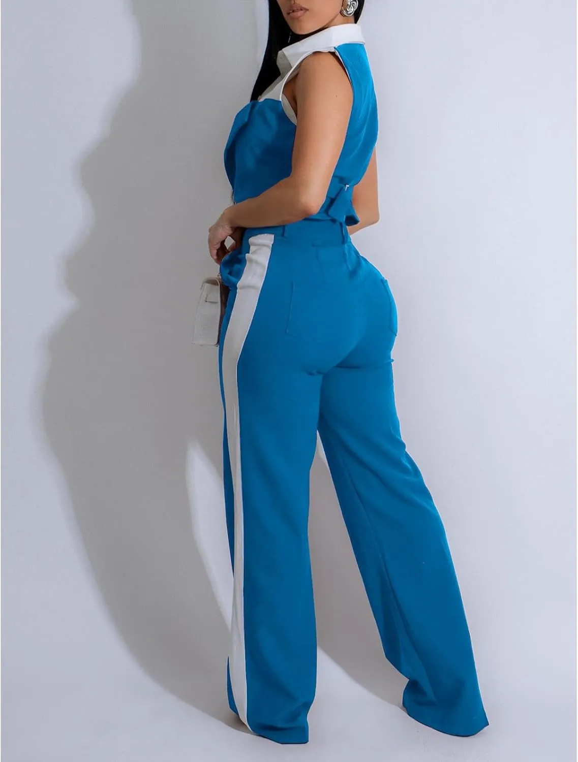 Womens Blazer Sets 2 Piece Outfits Linen Set V Neck Button Suit Vest Tops Wide Leg Pants with Pockets