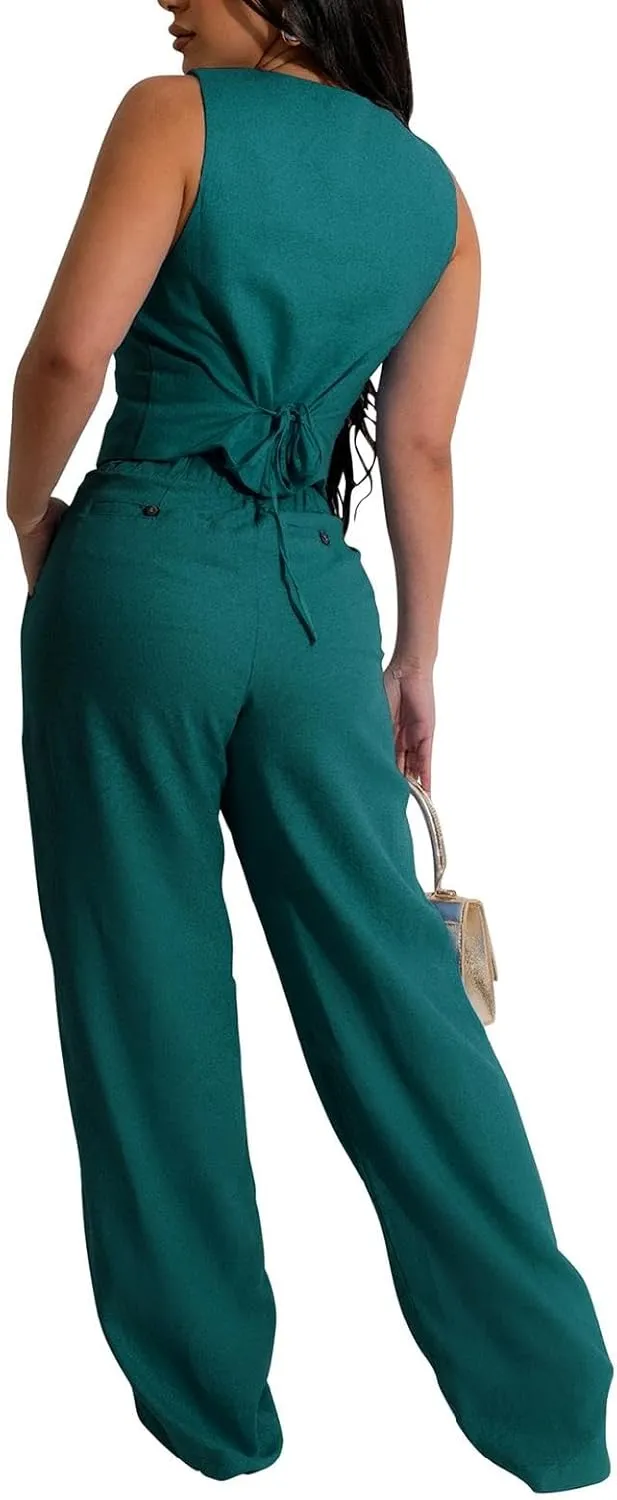 Womens Blazer Sets 2 Piece Outfits Linen Set V Neck Button Suit Vest Tops Wide Leg Pants with Pockets