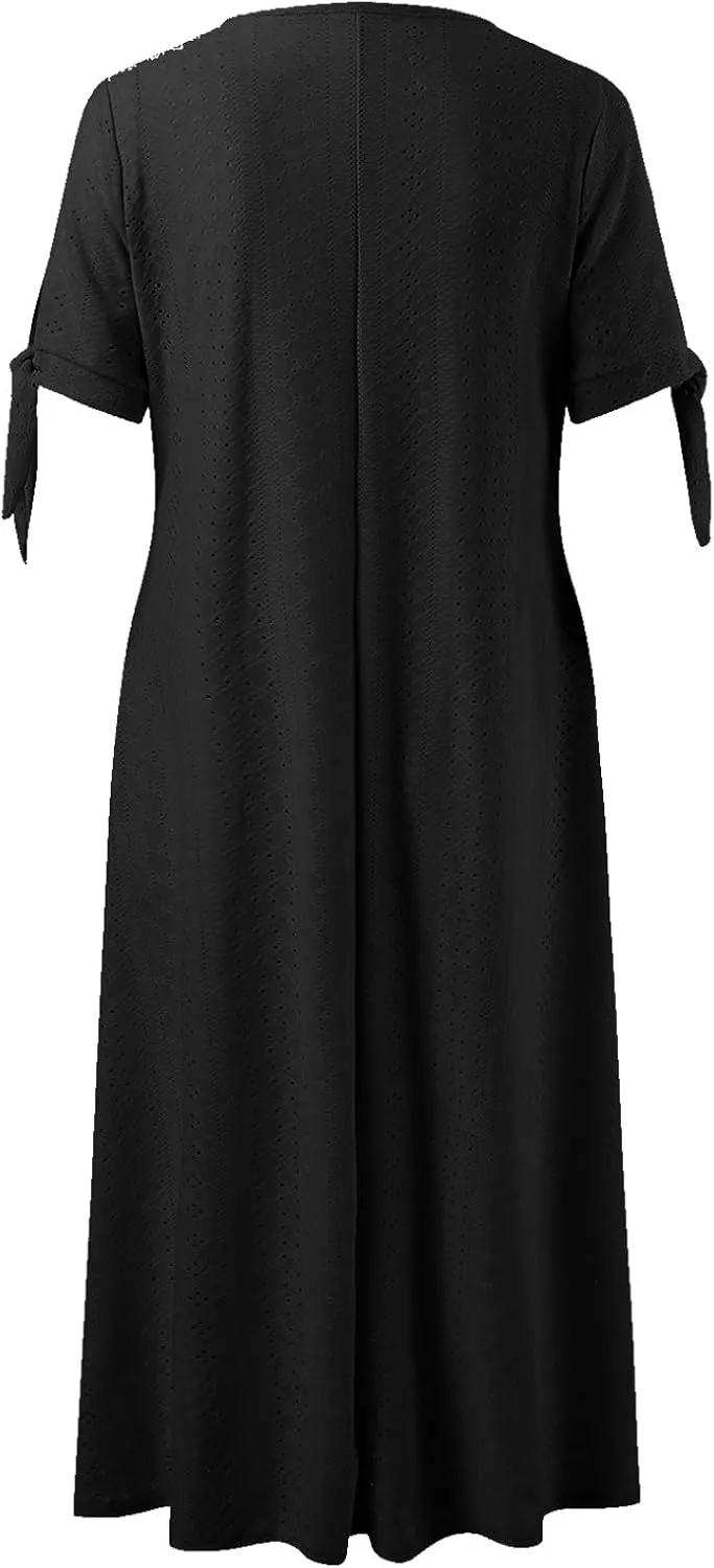 Womens Boho Eyelet Pastel Dress Button V Neck Tie Knot Short Sleeve Flowy Vacation Beach Midi Dresses with Pocket