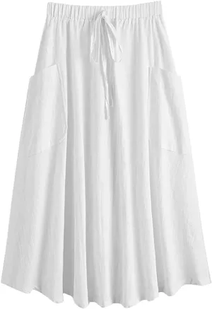 Women's Casual High Elastic Waist Solid Color A-Line Pleated Skirts Fall Spring Midi Skirt with Pocket