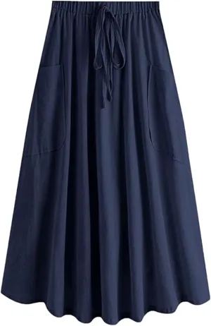 Women's Casual High Elastic Waist Solid Color A-Line Pleated Skirts Fall Spring Midi Skirt with Pocket