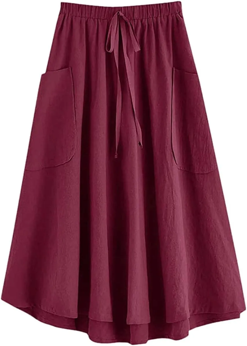 Women's Casual High Elastic Waist Solid Color A-Line Pleated Skirts Fall Spring Midi Skirt with Pocket