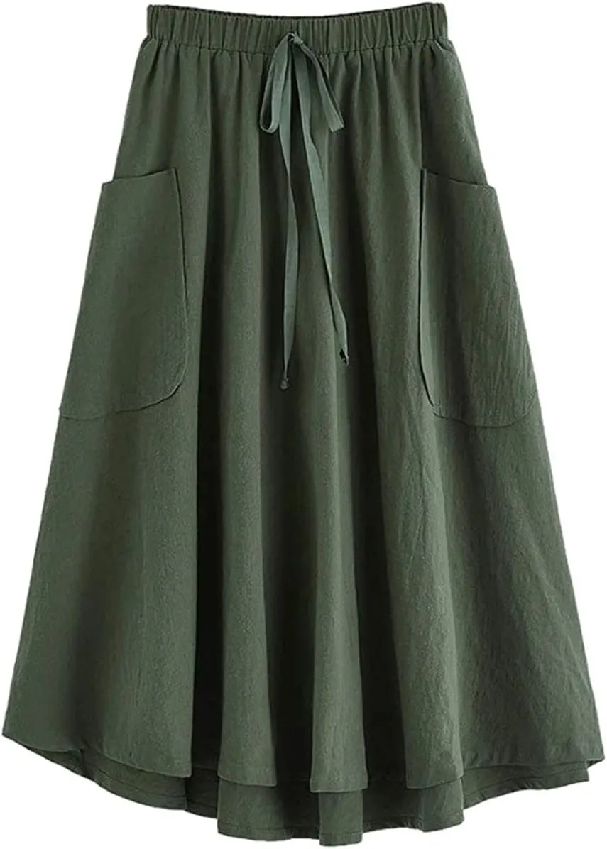 Women's Casual High Elastic Waist Solid Color A-Line Pleated Skirts Fall Spring Midi Skirt with Pocket